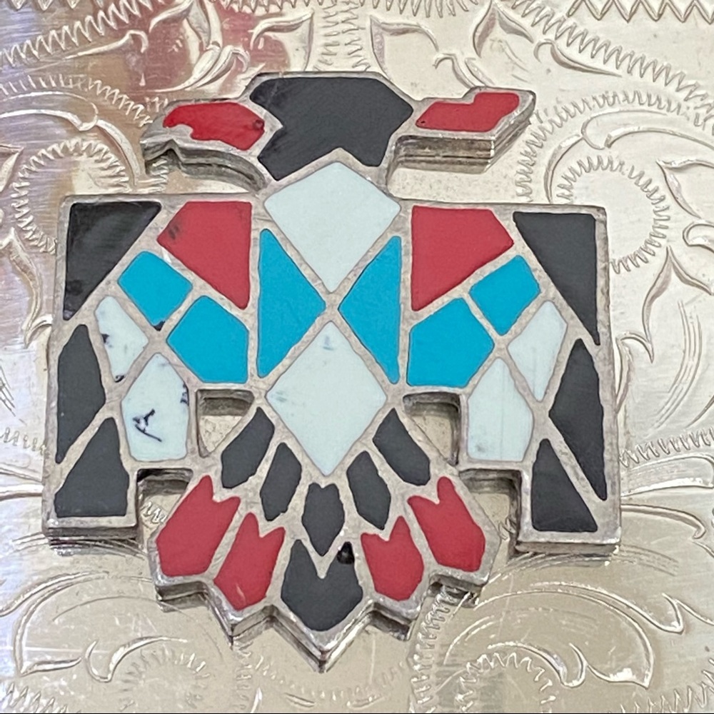Vintage Nickel Silver Native American Turquoise Inlay Thunderbird Belt Buckle - Picture 3 of 9